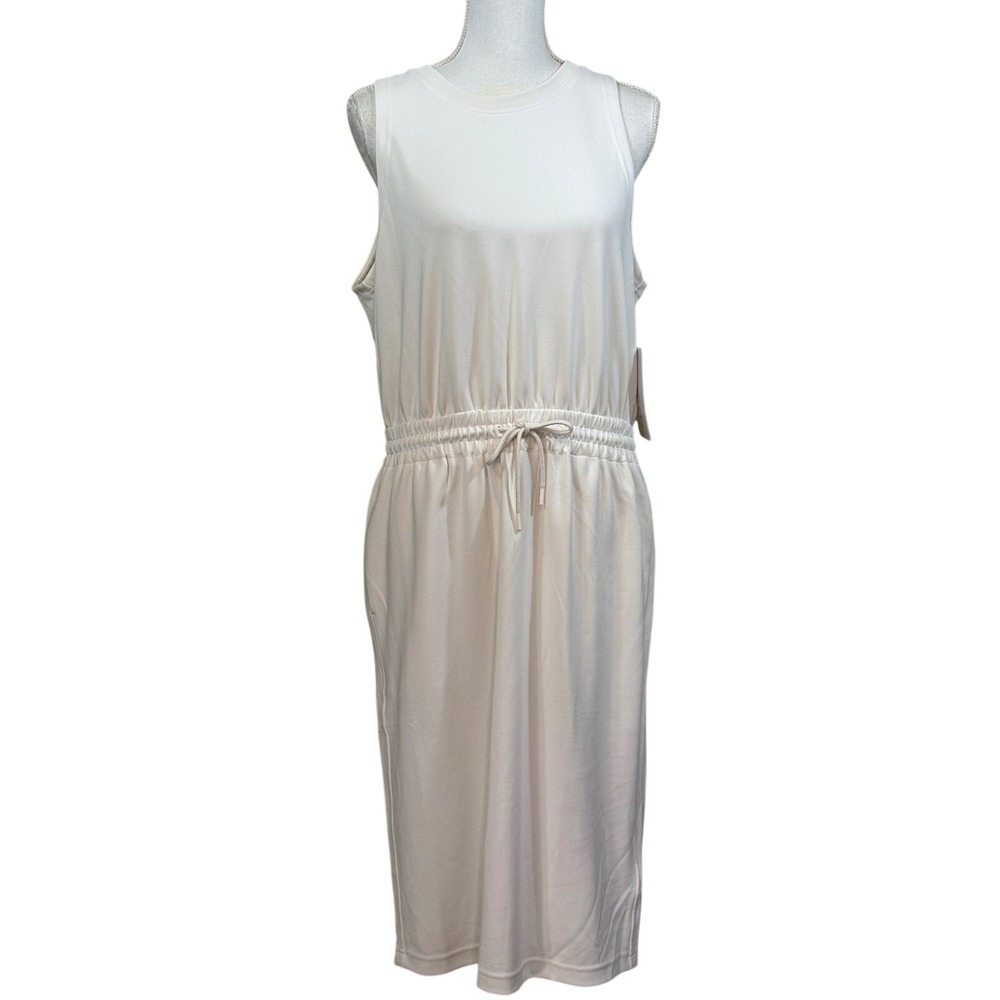 Athleta Seasoft Midi Dress Large Cream Off White Sleeveless Drawstring Waist NEW